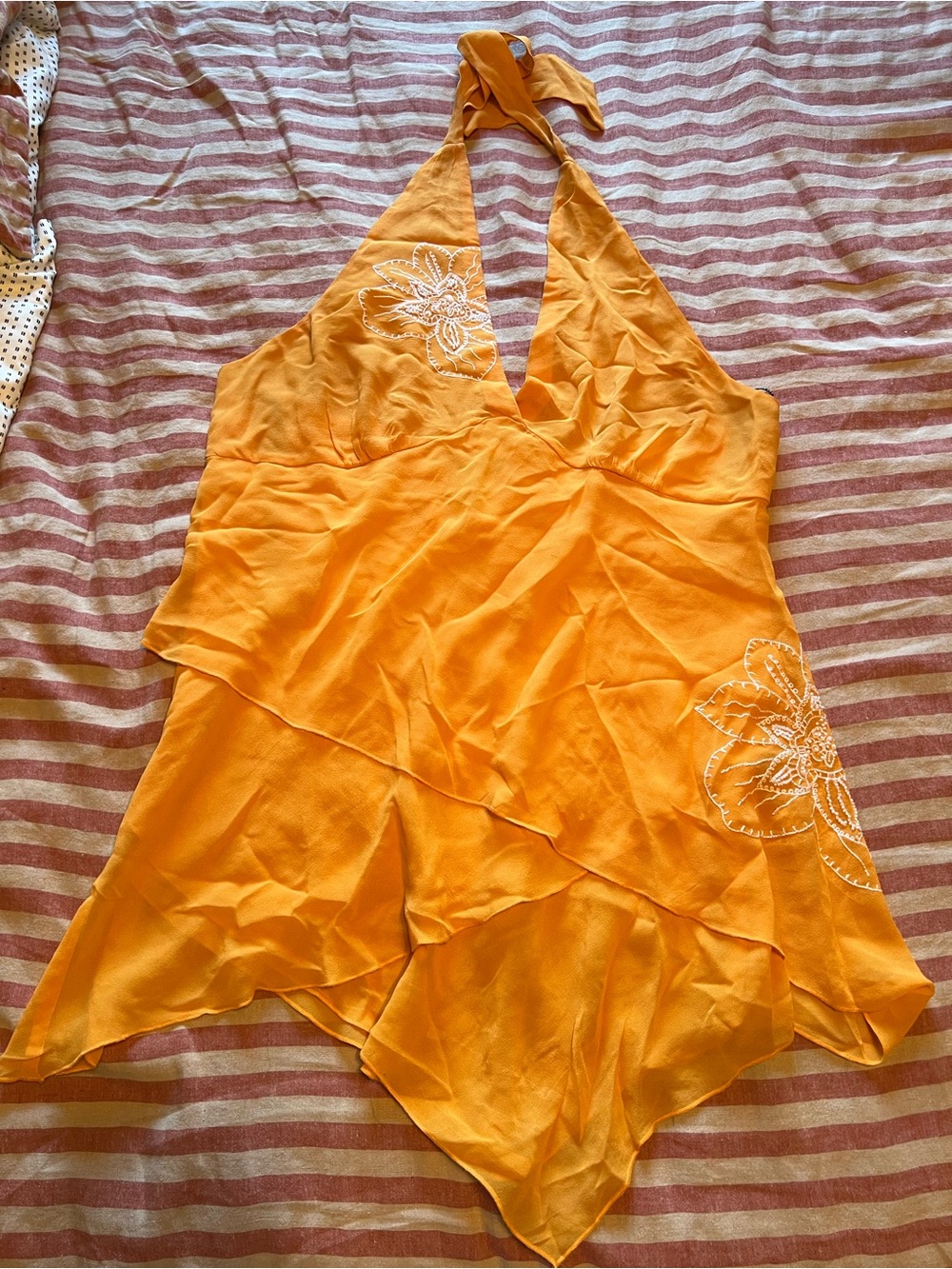 Y2K Orange Halter Layered Handkerchief Hem Top with Floral Embroidery